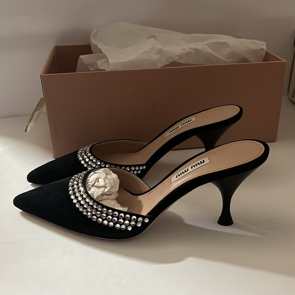 Miu Miu Women’s Crystal-Embellished Mid-Heel Mules Size 36/6 - Picture 3 of 8